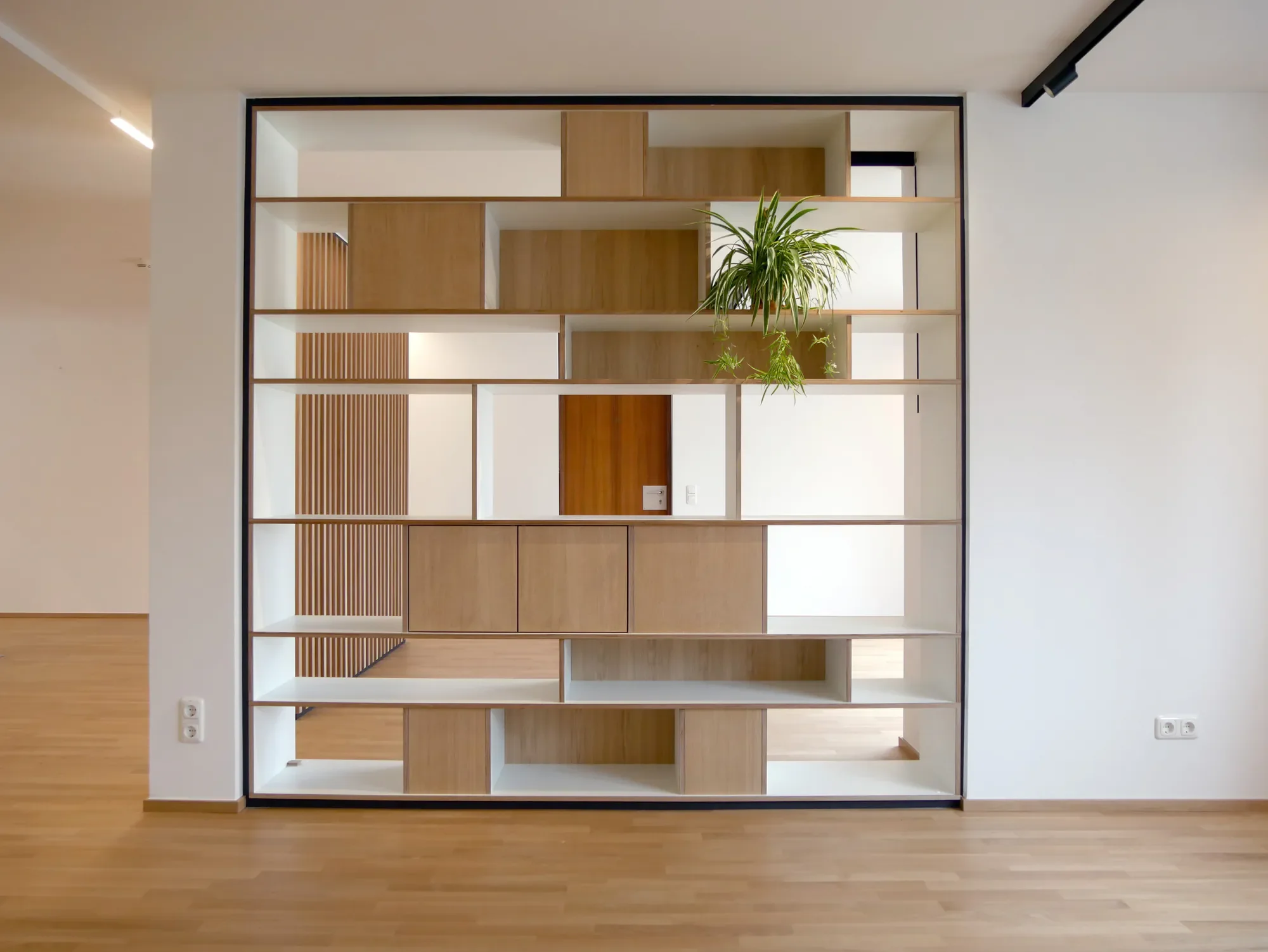 Ein modernes, offenes Regal mit mehreren Fächern aus hellem Holz, in einem weißen Raum. Es gibt einige grüne Zimmerpflanzen auf einem der Fächer, und im Hintergrund sind natürliche Lichtquellen zu sehen.