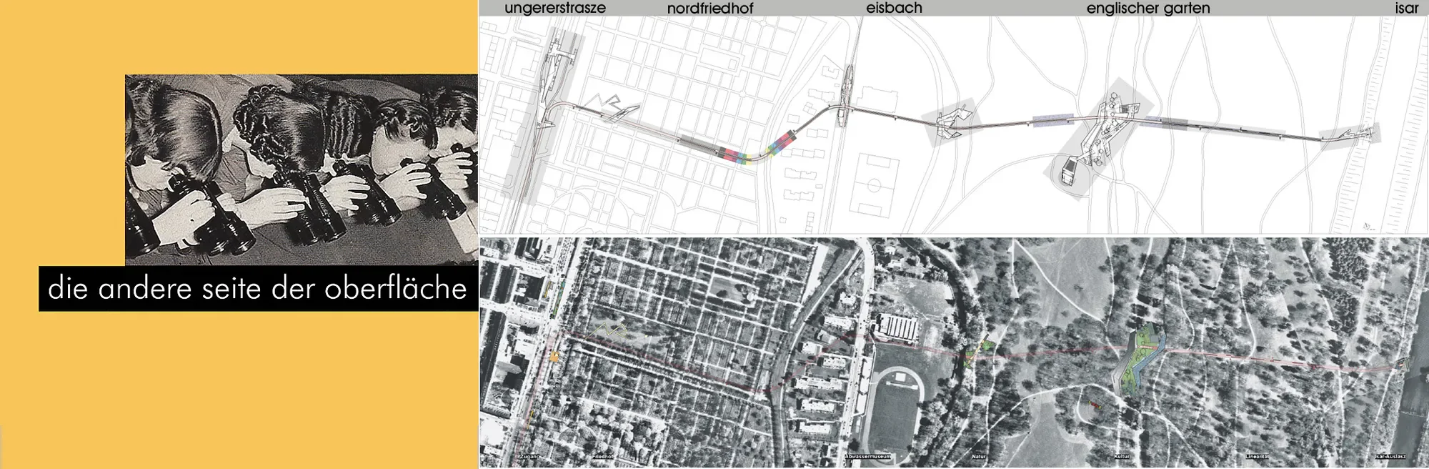 Ein Mischbild mit einer schwarzen und weißen Fotografie von Kindern, die durch Mikroskope schauen, sowie Karten und Pläne einer urbanen Umgebung und eines Parks. Darin enthalten sind Linien und farbige Markierungen, wahrscheinlich für eine Infrastrukturplanung.