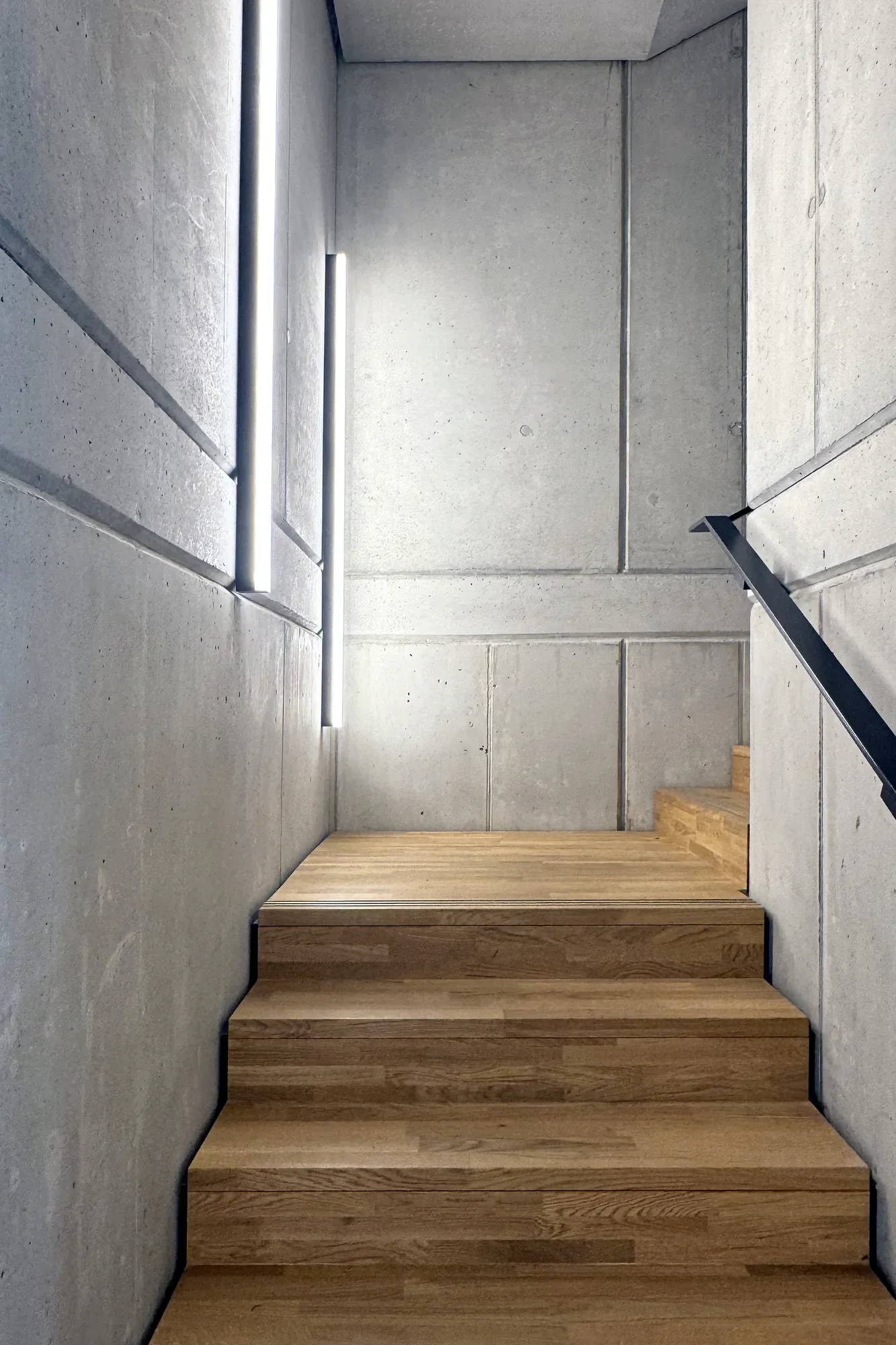 Moderne Treppen in einem minimalistischen, industriellen Design mit hochwertigen Materialien, bestehend aus Holzstufen, einer Betonwand und einem schwarzen Handlauf.
