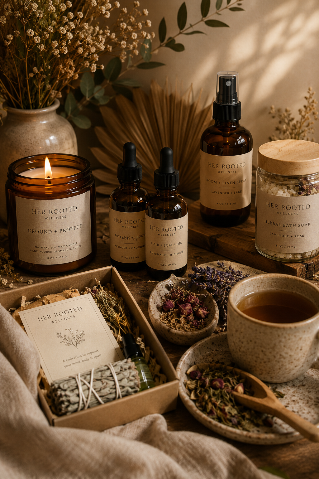 A collection of wellness and self-care items includes a lit candle in a brown jar, herbal bath soak, room and linen spray, and oil drops, all arranged on a wooden surface with dried flowers and a cup of tea against a warm, cozy background.