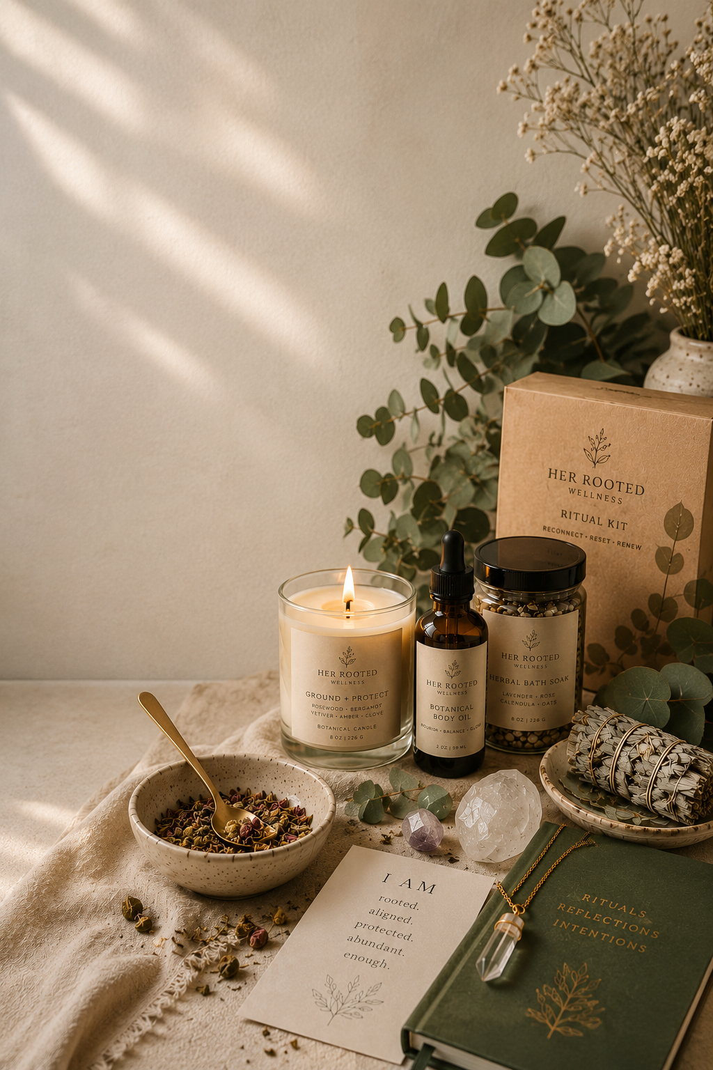 A wellness and self-care setup featuring a lit candle, herbal bath soak, body oil, a rolled cloth, a green book titled 'Rituals Reflections Intentions', a card with affirmations, a gemstone, and dried herbs on a textured cloth with a background of eucalyptus leaves and a vase with lavender and white flowers.
