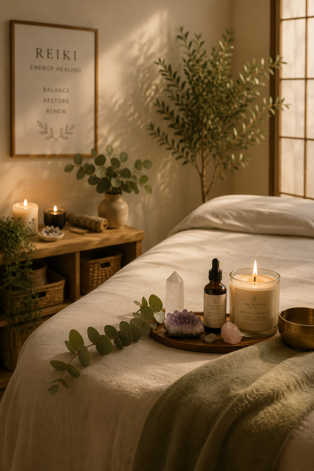A cozy bedroom with a bed covered in beige linens, lit candles, and crystals on a tray. There are green plants on the nightstand and in the corner, a framed sign on the wall with words about Reiki, energy healing, and renewal, and a shoji screen window letting in warm light.
