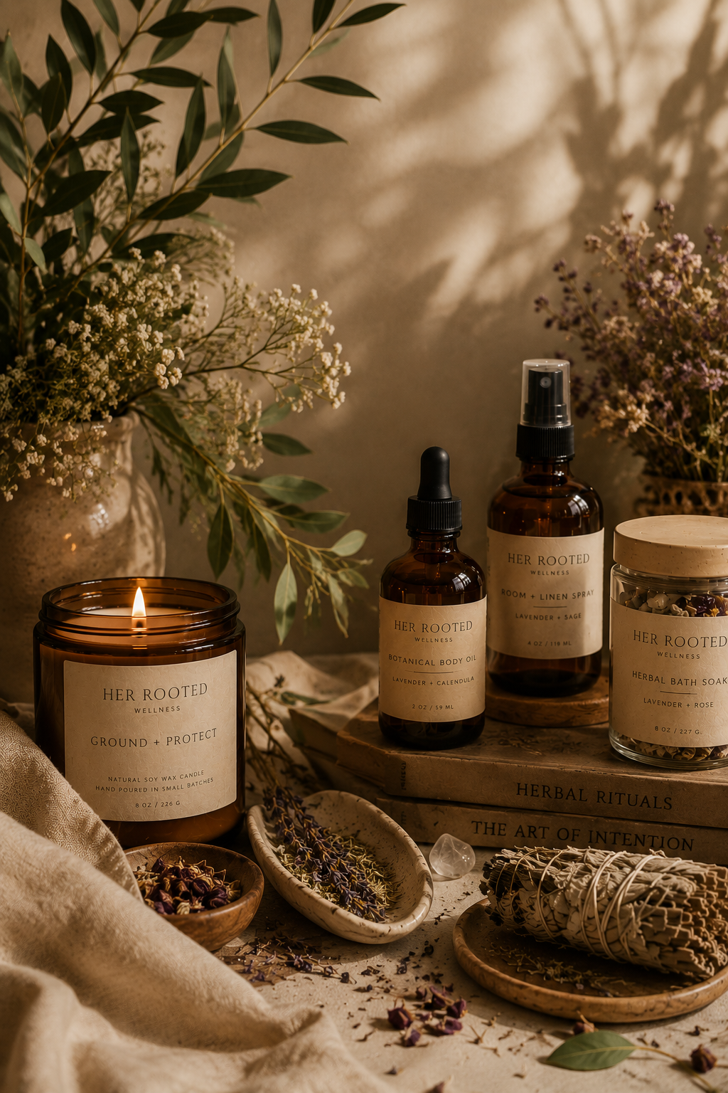 Premium botanical wellness products from Her Rooted Wellness, including handcrafted candles, body oils, herbal bath soaks, room sprays, dried botanicals, and self-care essentials in a warm, nature-inspired setting.