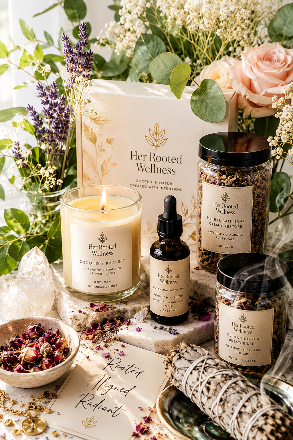 Arrangement of wellness products including a candle, herbal bath soak, and botanical body oil from Her Rooted Wellness, surrounded by flowers, crystals, and a decorative card with words 'Rooted, Aligned, Radiant'.