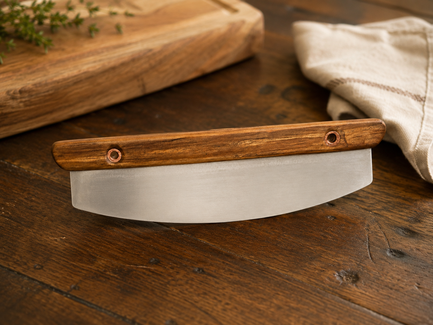 Cherry Wood Mezzaluna with Copper Accents — 14" Blade