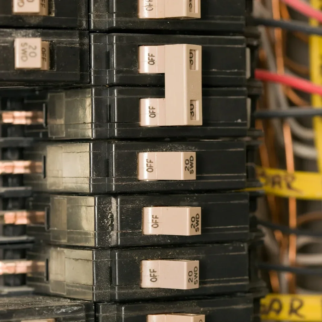 Modern electrical panel with one flipped breaker, illustrating how a residential circuit safety system prevents overheating.
