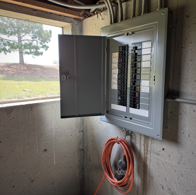 Electrical panel mounted on concrete wall with coiled red cable and window showing outdoor landscape.