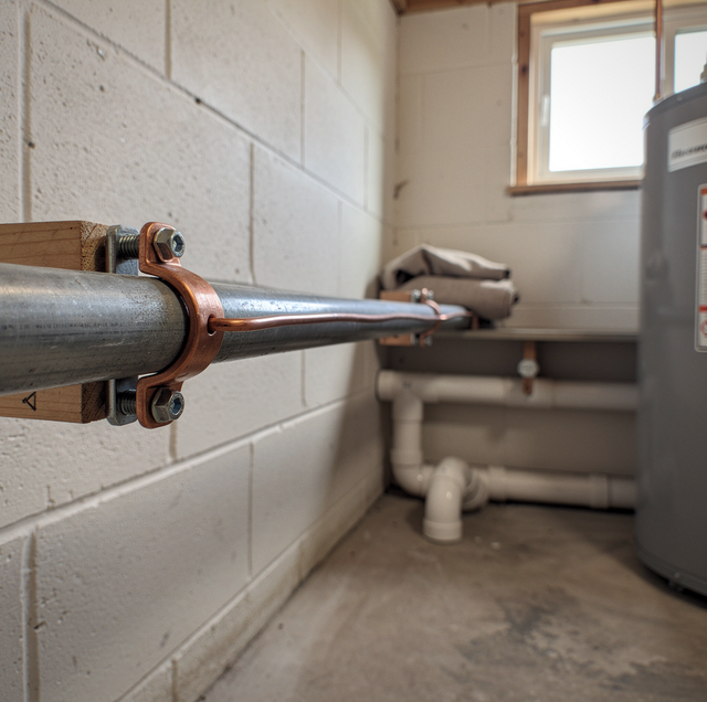 Metal pipe with copper bands mounted on white brick wall in a room with concrete floor and gray appliance.
