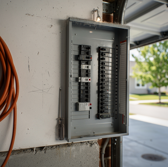 Electrical panel with circuit breakers mounted on concrete wall with orange cable nearby.