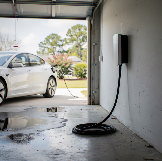 electric car plugged into home charger overnight