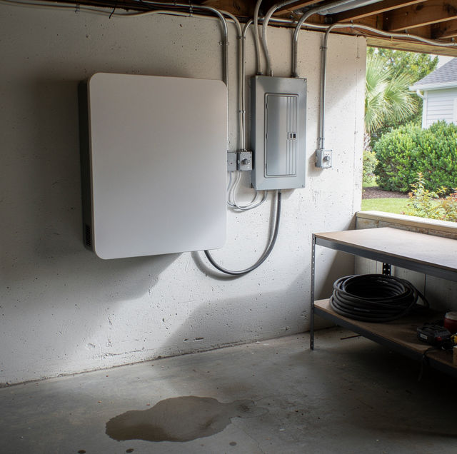 Wall mounted home battery unit glowing during night power outage