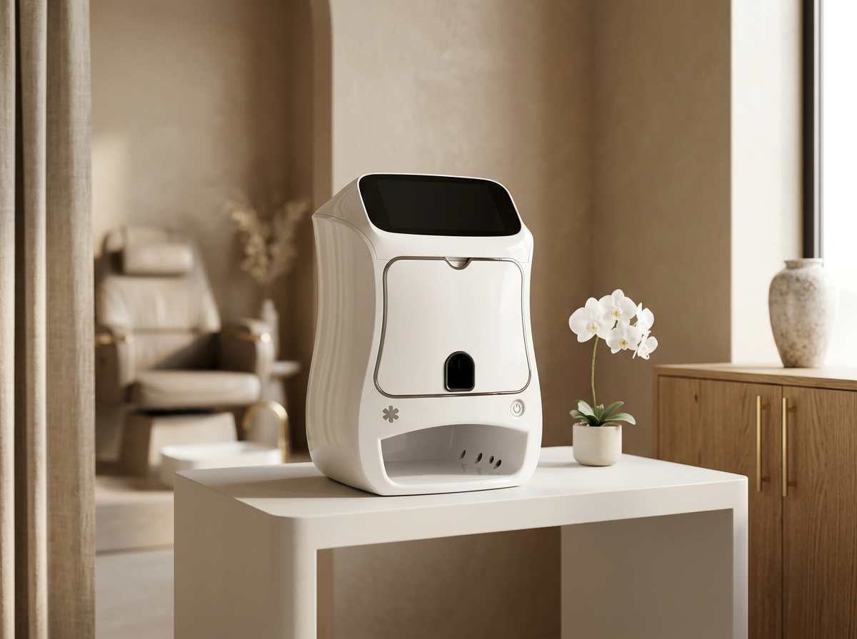 A white, modern home appliance with a black screen on top, placed on a white table next to a potted white orchid. In the background, there is a beige armchair and a console with a ceramic vase near a window.