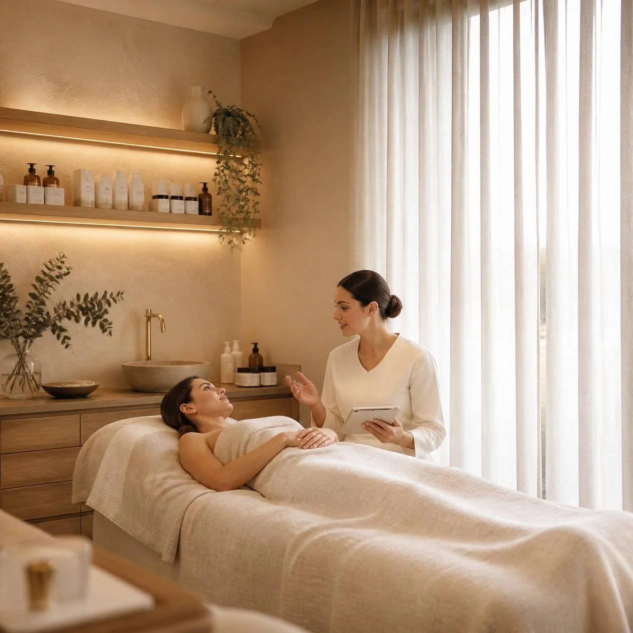 A woman is lying on a treatment bed at a spa or wellness center, covered with a beige towel. Another woman, likely a therapist, is standing beside her, holding a tablet and engaging in conversation. The room has soft, natural light coming through sheer curtains, with shelves of skincare products and decorative items on the wall behind them.