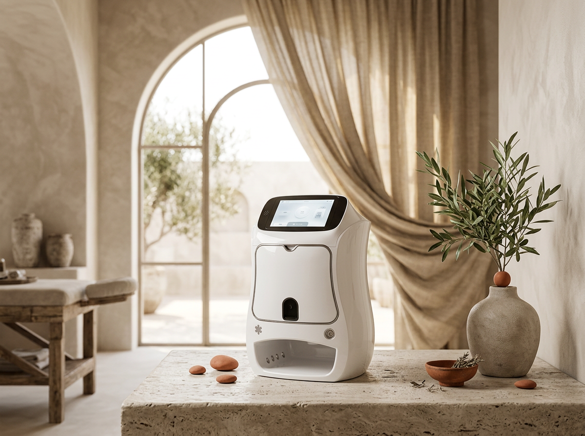 A modern medical device sits on a rustic table in a room with arched windows and beige curtains, with decorative vase and plants nearby.