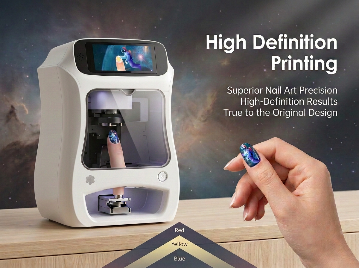 A machine for high-definition nail art printing features a touchscreen display, with a person's hand showing a decorated blue nail in front of it. The machine is on a wooden surface, with a space-themed background. Text highlights the machine's abilities: high-definition printing, superior nail art precision, true-to-original design.