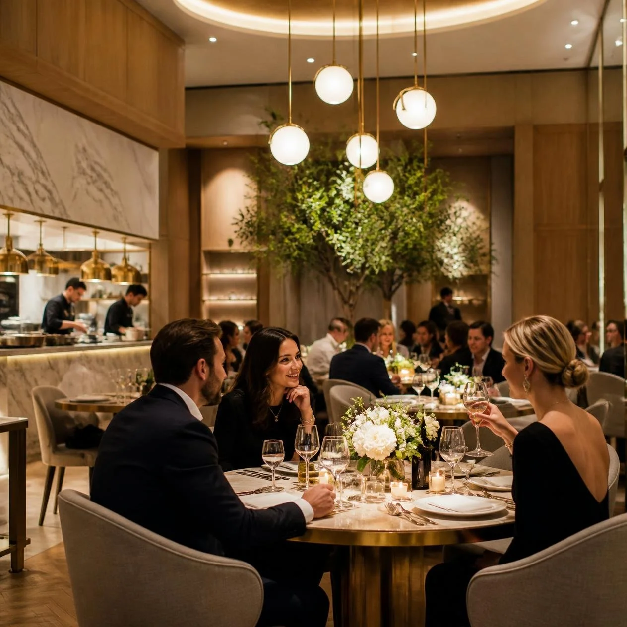 A group of well-dressed people dining at a restaurant with elegant decor, including a large floral centerpiece, candles, and modern lighting fixtures. Some guests are engaged in conversation and holding wine glasses.