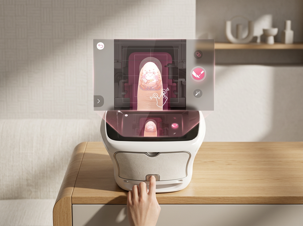 A person pressing a button on a 3D scanner machine to scan a decorated egg with a cartoon design of a maneki-neko cat.
