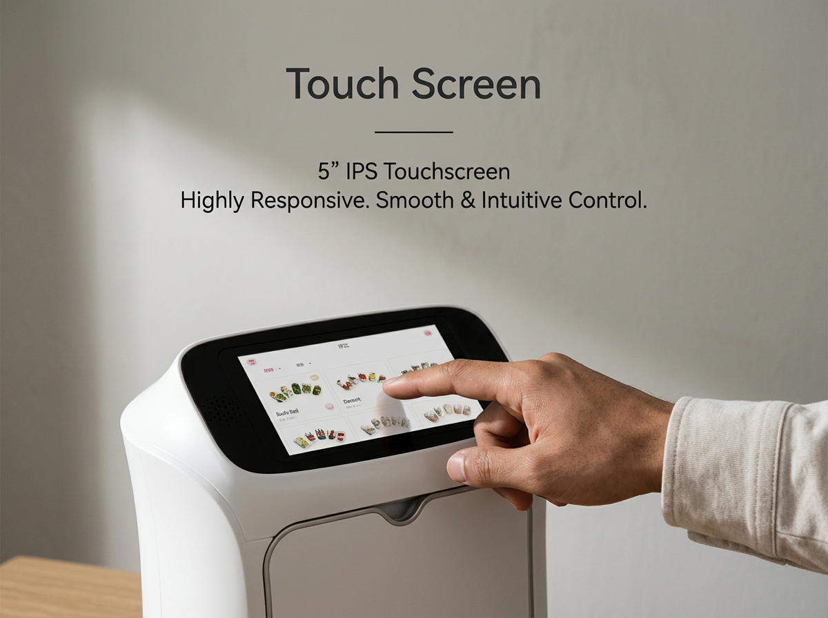 A person touching a 5-inch IPS touchscreen on a white electronic device, displaying colorful shoes. The text above the device reads 'Touch Screen, 5'' IPS Touchscreen, Highly Responsive. Smooth & Intuitive Control.'