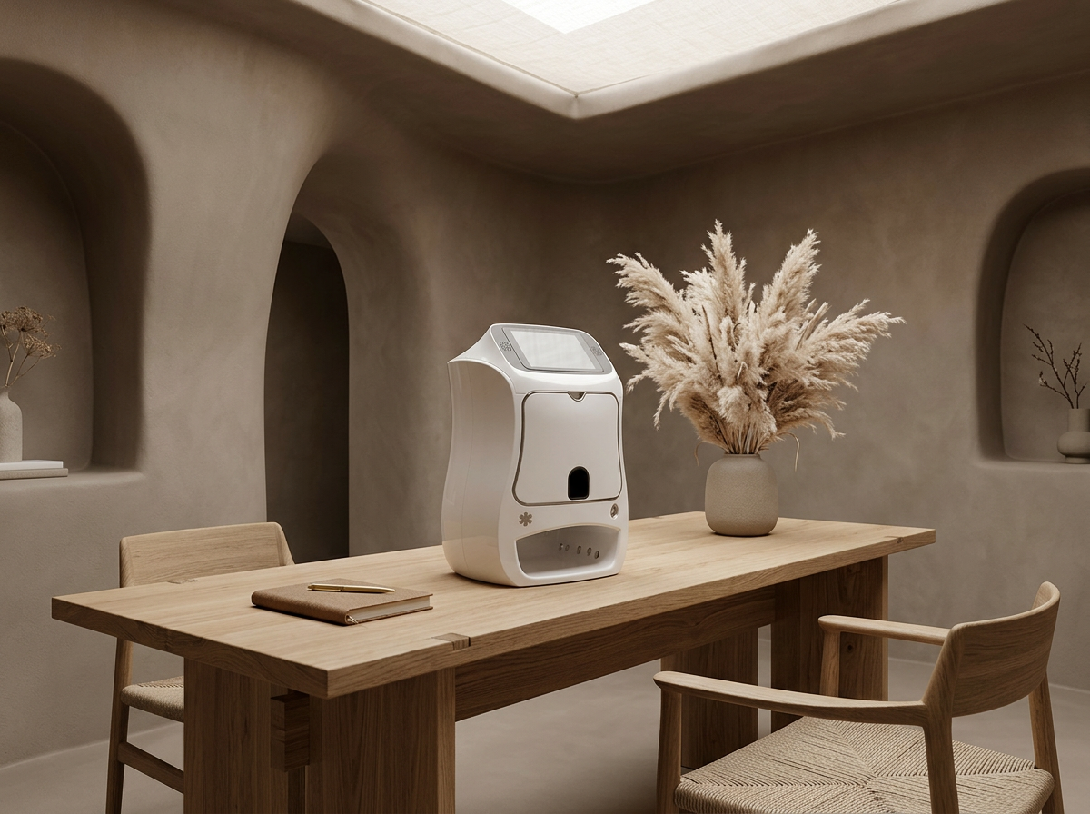 Minimalistic interior with a wooden table, a modern white device, and a large vase of dried pampas grass in a neutral-toned room.