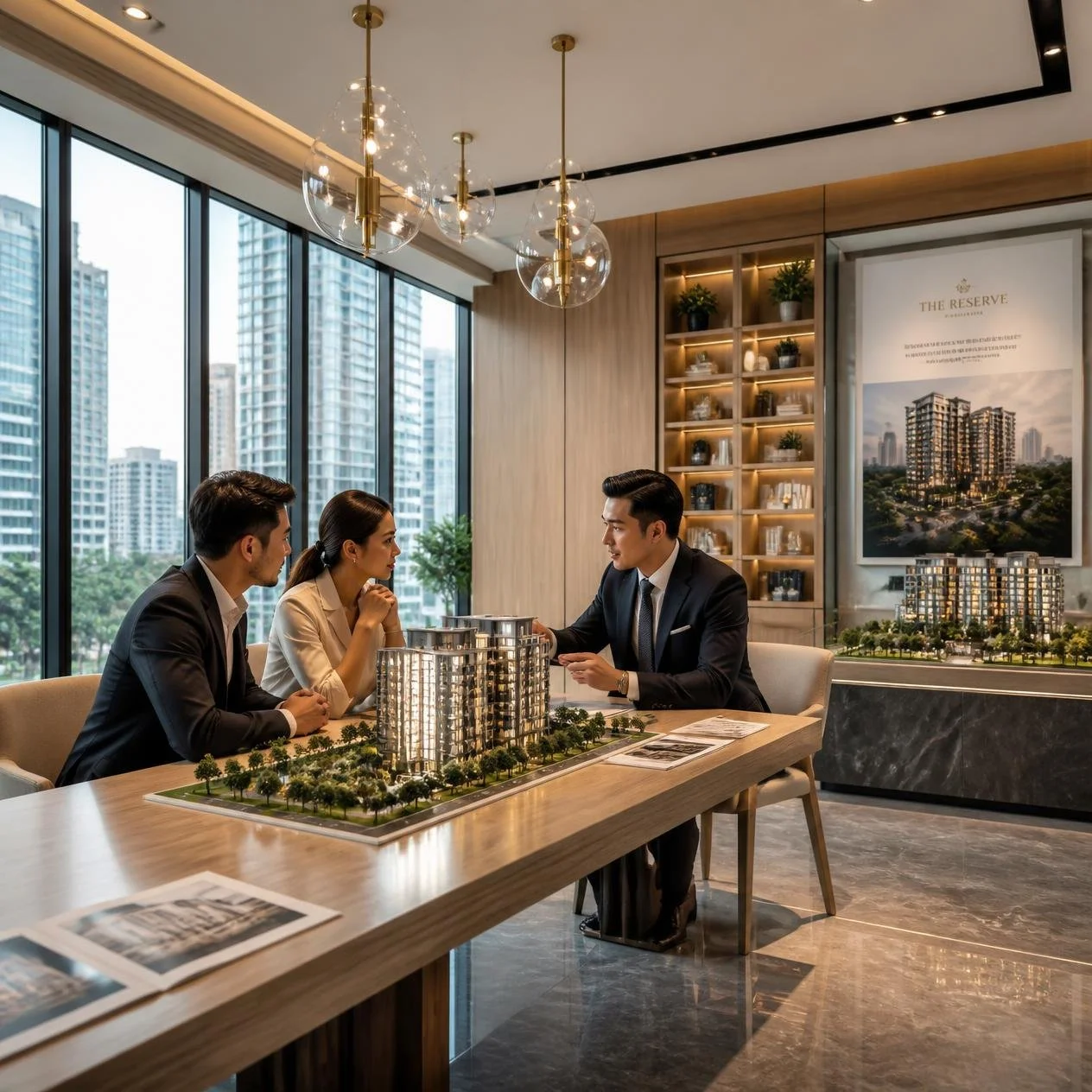Three people in business attire sitting at a table in a modern real estate sales office, discussing a property development model with a scale model of apartment buildings, with large windows showing city skyscrapers outside.