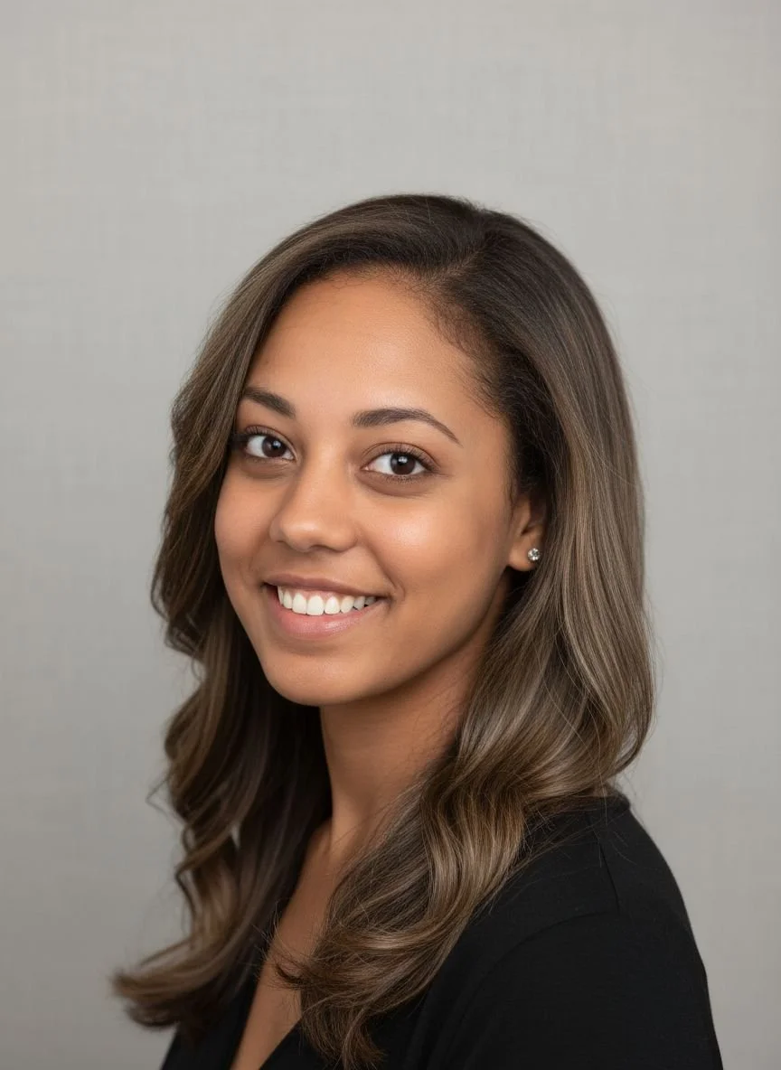 A young woman with medium-length wavy brown hair, smiling, wearing stud earrings and a black top against a plain gray background.