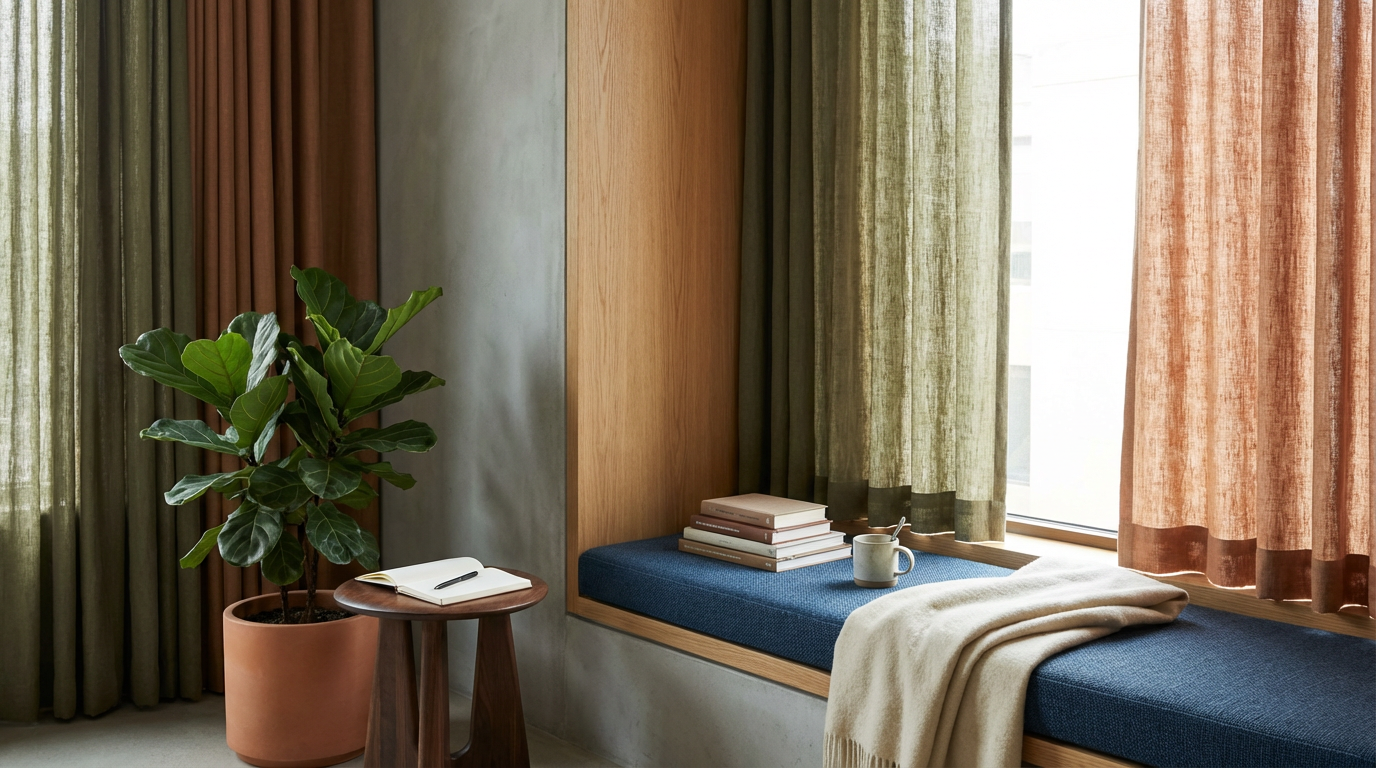 Cozy corner with large green houseplant, small wooden table with open notebook and pen, built-in window seat with stacked books, mug, and blanket, surrounded by colorful curtains.