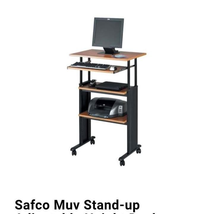 A mobile desk with a computer monitor, keyboard, mouse, printer, and other office supplies on multiple shelves.