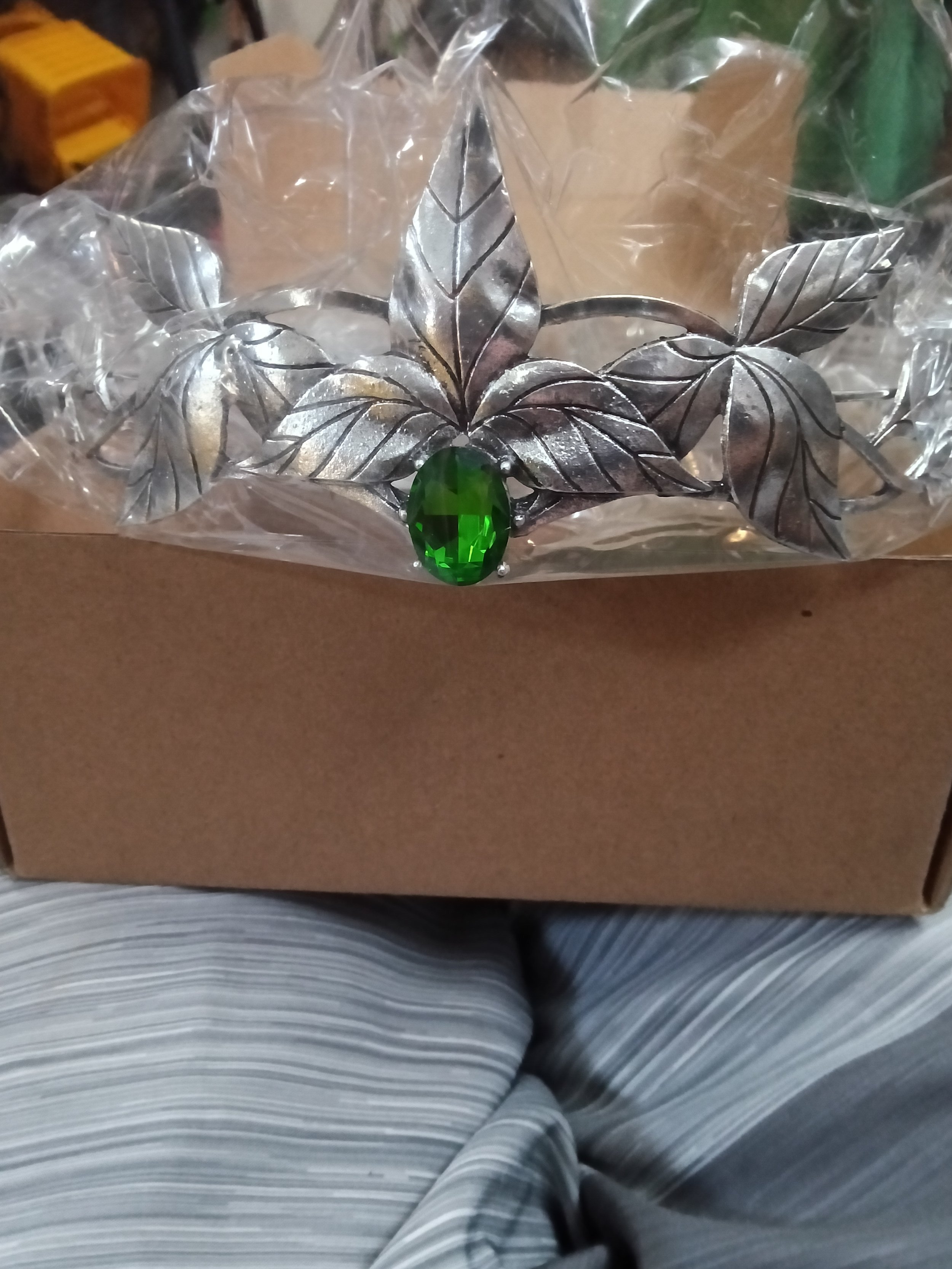 Enchanted Leaf Silver Tiara with Green Gemstone