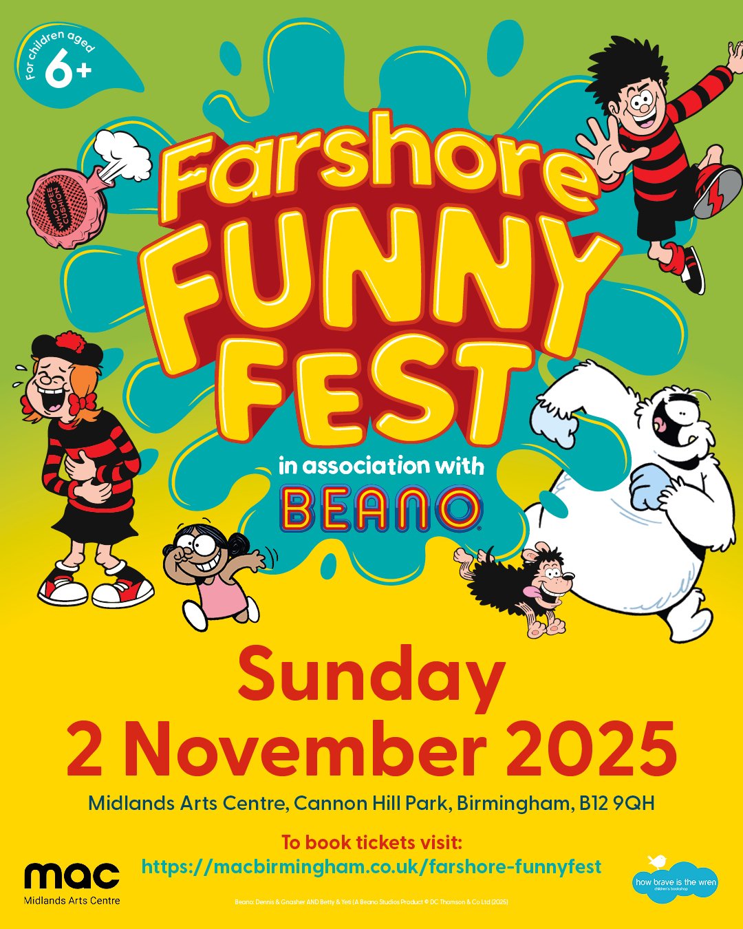 Colorful poster for Farshore Funny Fest, dated Sunday, November 2, 2025, with cartoon characters and event details at Midlands Arts Centre, Birmingham.