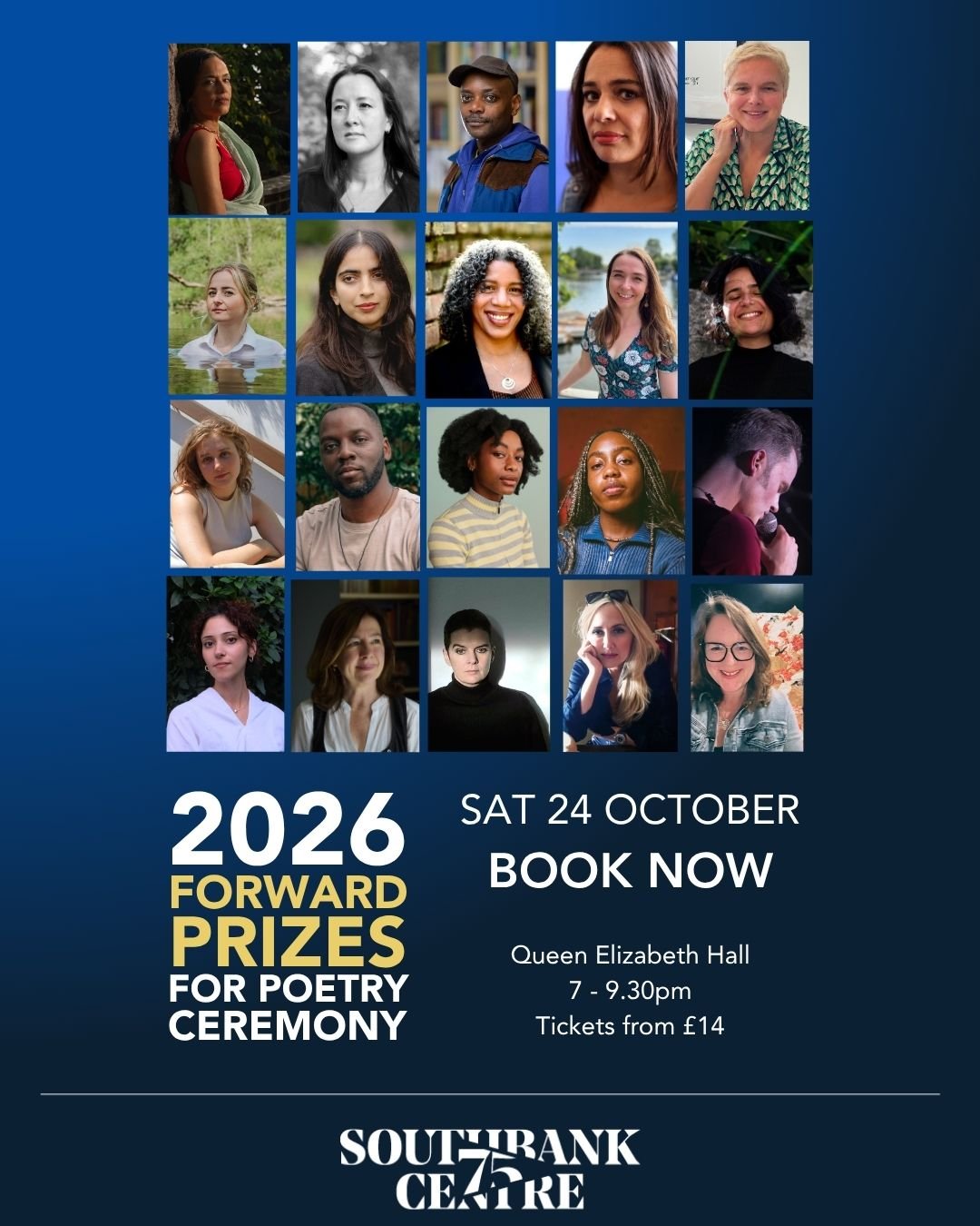 Poster for the 2026 Forward Prizes for Poetry Ceremony featuring a collage of diverse faces. Event details: Saturday, October 24, at Queen Elizabeth Hall, 7 to 9:30 pm. Tickets start at £14. Location: Southbank Centre.