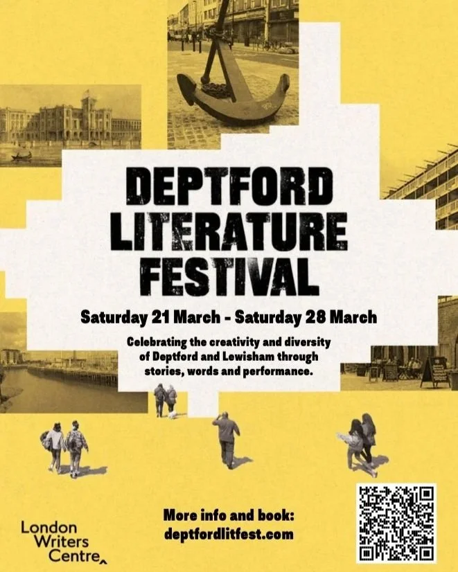 Poster for the Deptford Literature Festival featuring a yellow background, black and white text, vintage images, and a black anchor. Dates are March 21-28 with details about celebrating creativity and diversity in Deptford and Lewisham.