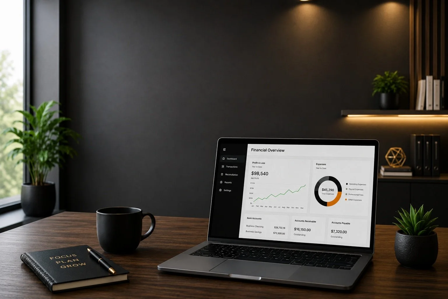 A laptop displaying a financial overview on a wooden desk, alongside a black coffee mug, a black notebook labeled 'FOCUS PLAN GROW' with a gold pen, and two potted plants, with a large window and dark wall in the background.