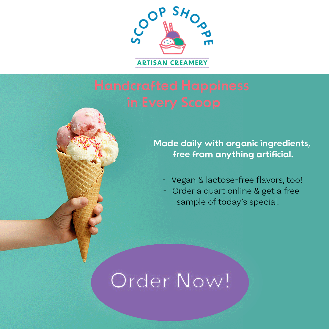 Advertisement for Scoop Shoppe artisan creamery featuring an ice cream cone with scoops of pink and white ice cream, sprinkled with colorful toppings, held in a person's hand. The ad emphasizes handcrafted, organic, vegan, and lactose-free flavors, with an option to order online for a free sample.