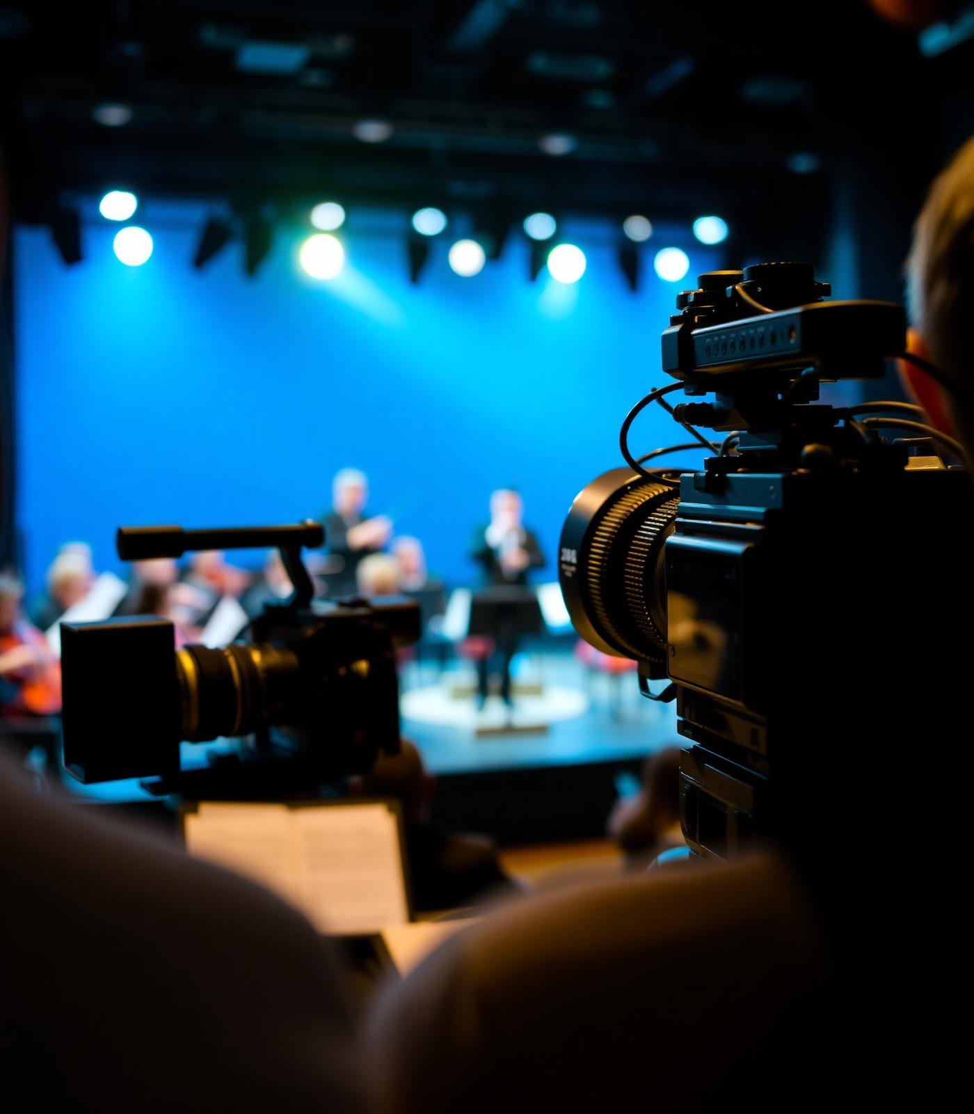 Videocamera in focus with an orchestra and stage in the background