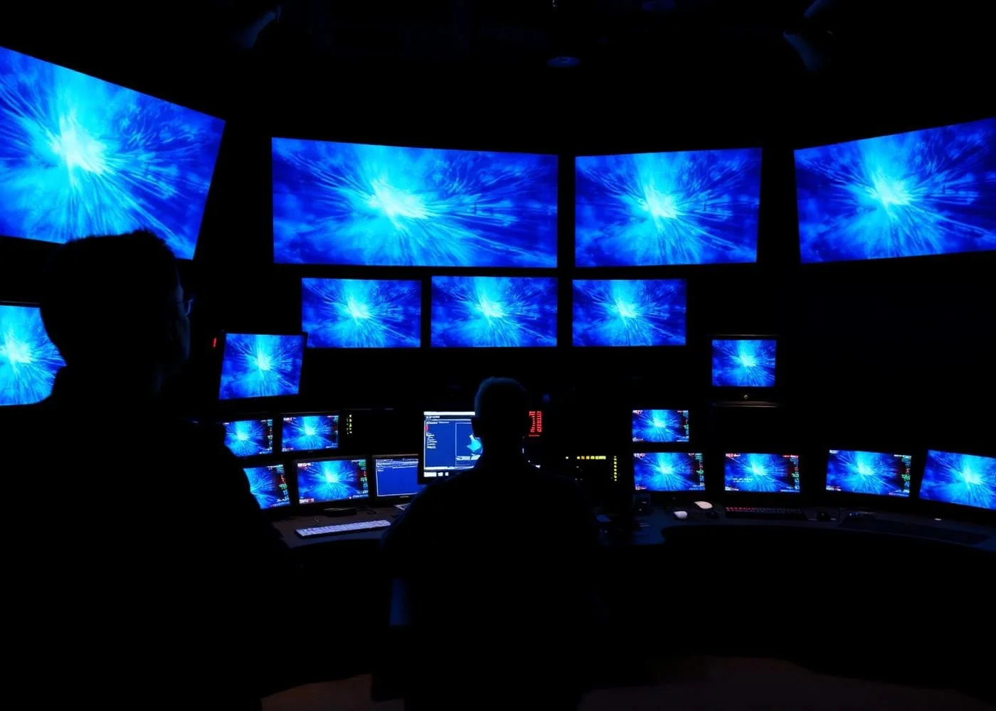 Control room with multiple monitors displaying blue abstract visuals and silhouettes of operators working.