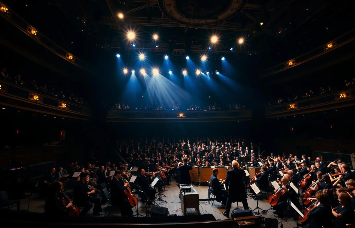 Orchestra performing on stage in a concert hall with bright stage lights and an audience observing from the balconies.