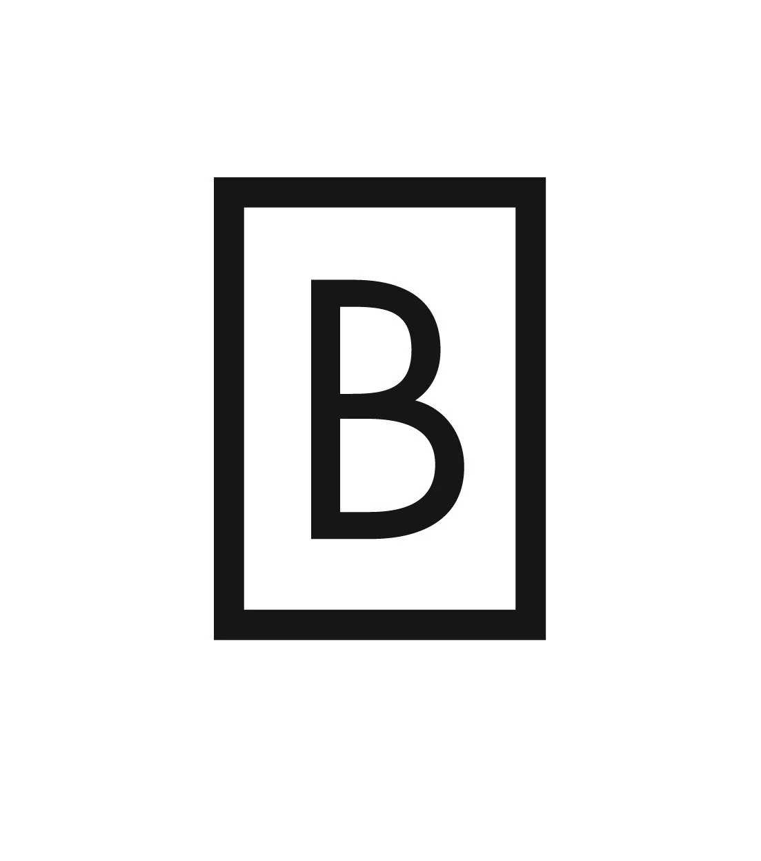 Black and white letter B in a rectangle.