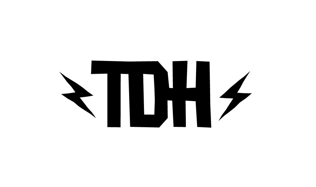 Bold black stylized text reading 'TDH' with lightning bolt accents on each side on a white background.
