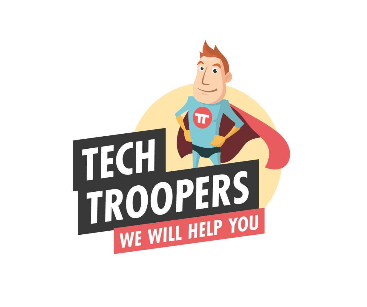 A cartoon superhero wearing a blue suit with a red and white logo on the chest, standing confidently with hands on hips. Behind him is a yellow circle, and below him are black and red banners with the text 'TECH TROOPERS' and 'WE WILL HELP YOU'.