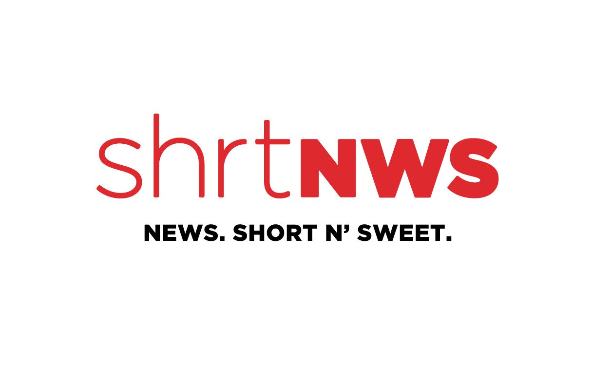 Logo with stylized red text 'shrtNWS' and black tagline 'NEWS. SHORT N' SWEET.' on a white background.