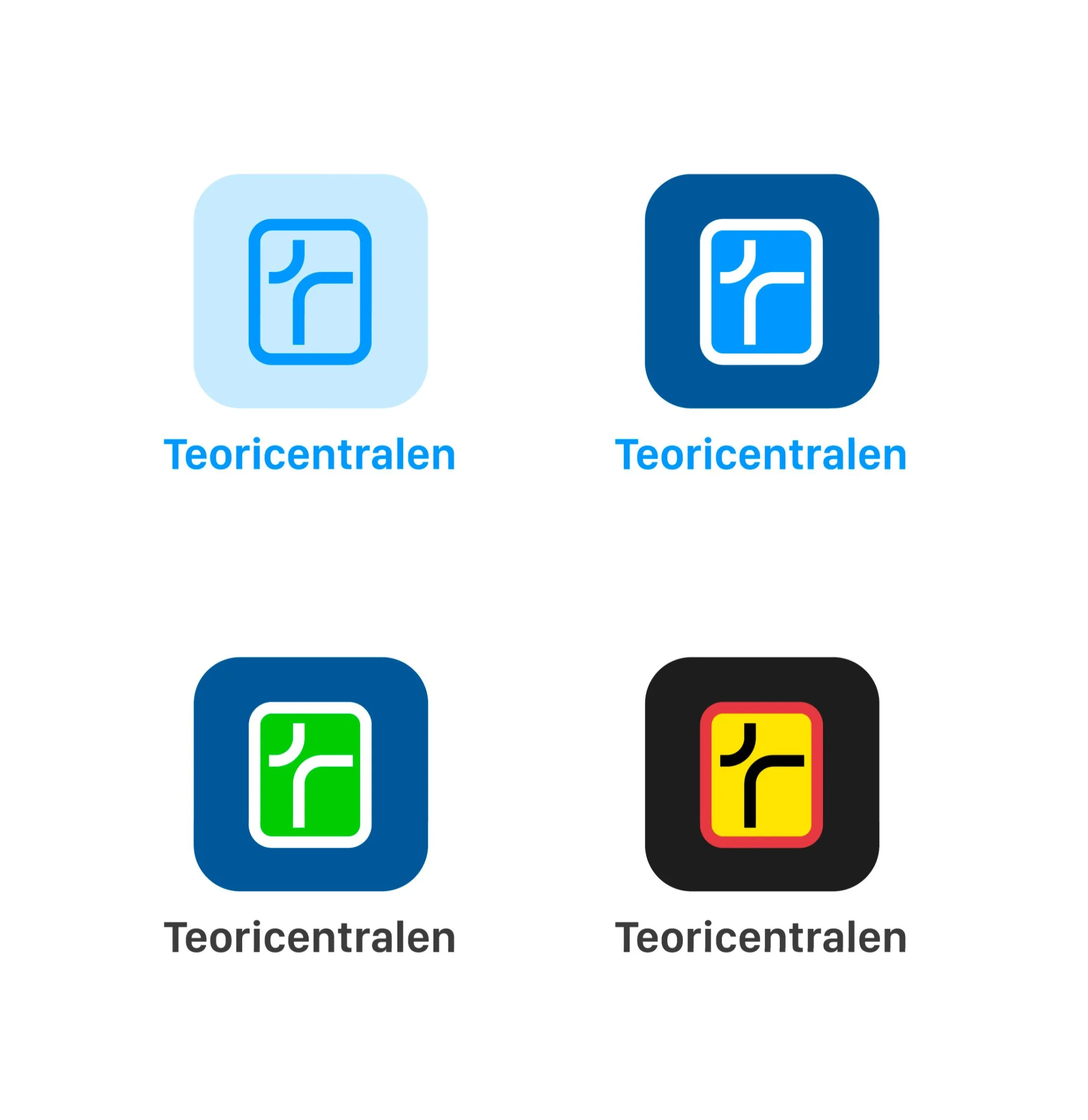 Four app icons with the text 'Teoricentralen' below each, featuring a blue logo with a stylized 'T' in various color schemes.