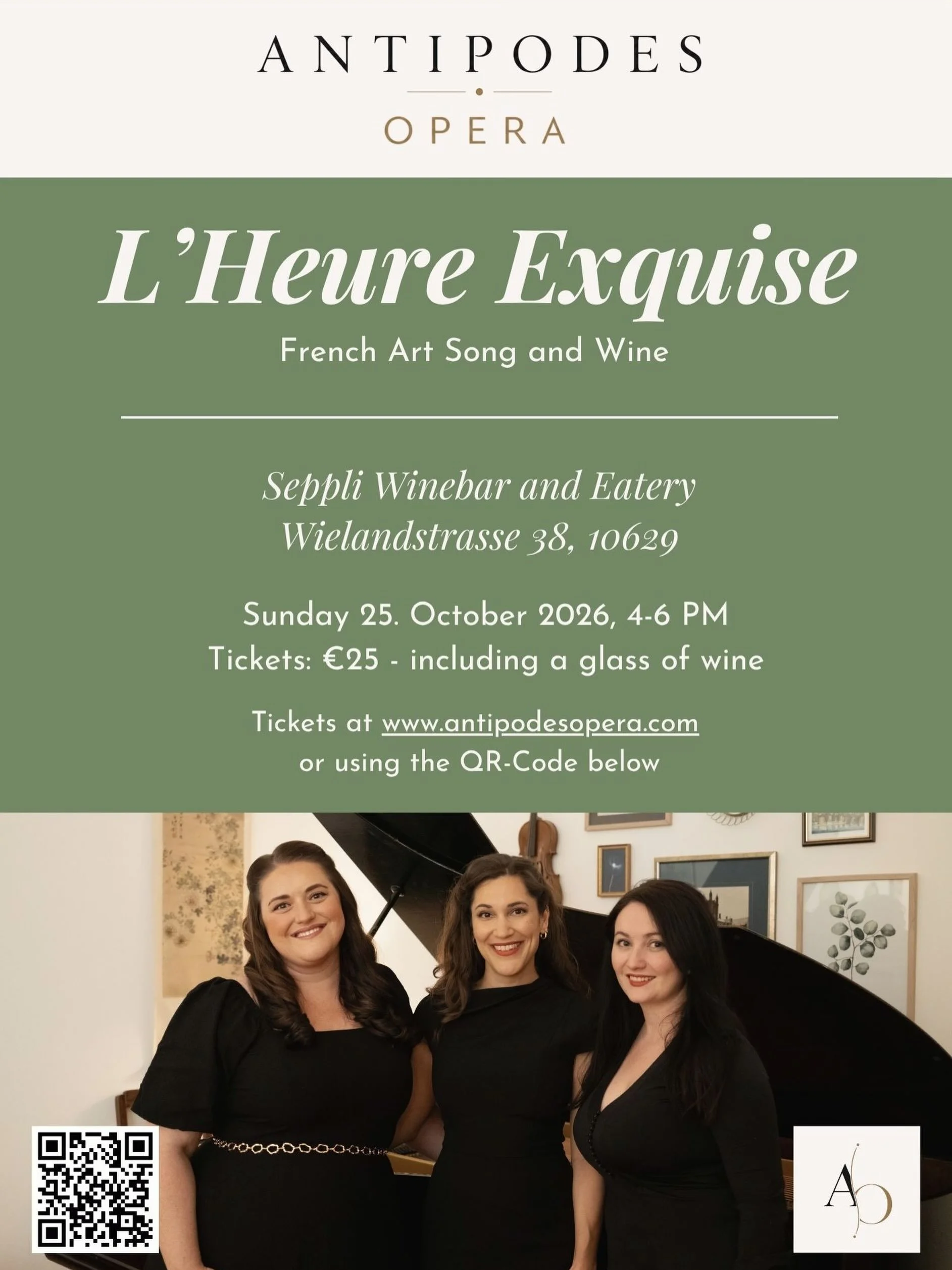 We are so excited to present our first official performance, an afternoon of French song at Seppli Winebar in Charlottenburg! Sunday October 25th, 16:00. Tickets in the link above, via our website or QR code. Join us for a glass of French wine and M&