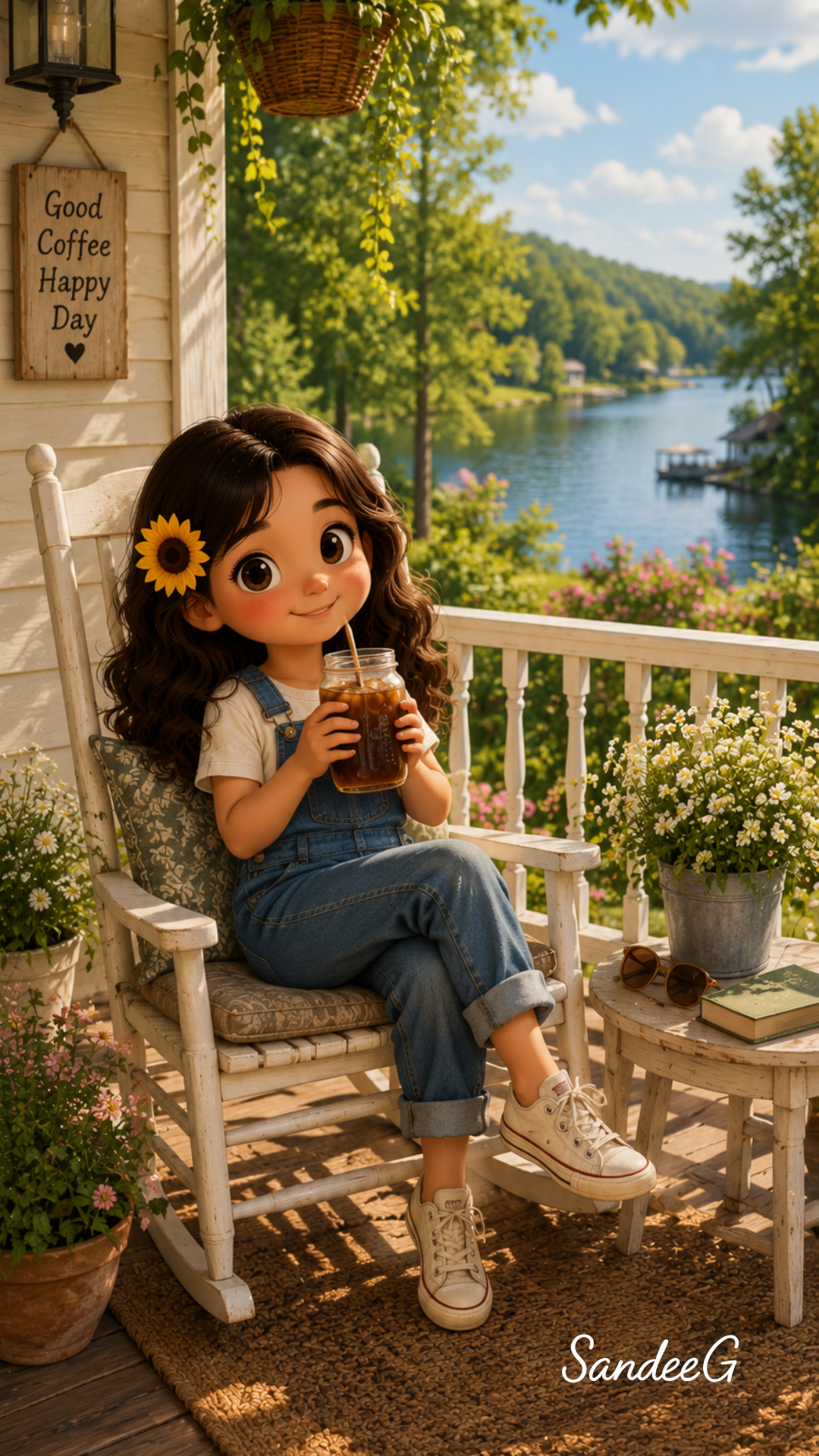 Sunny enjoying coffee on a lakeside porch – free phone wallpaper by SandeeG