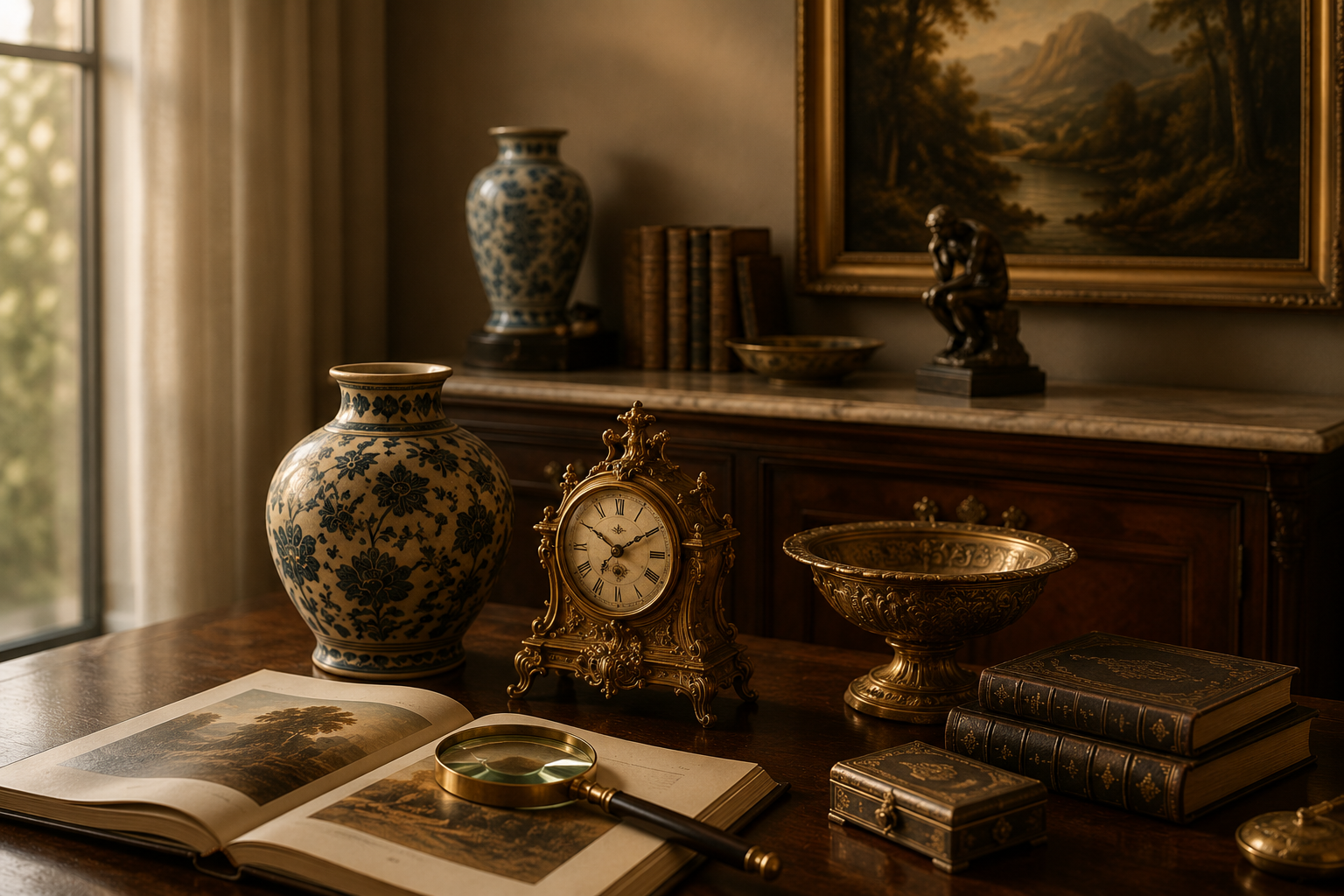 Decorative items on a wooden table in a room, including vases, an antique clock, books, a magnifying glass, a silver bowl, and a framed landscape painting on the wall.