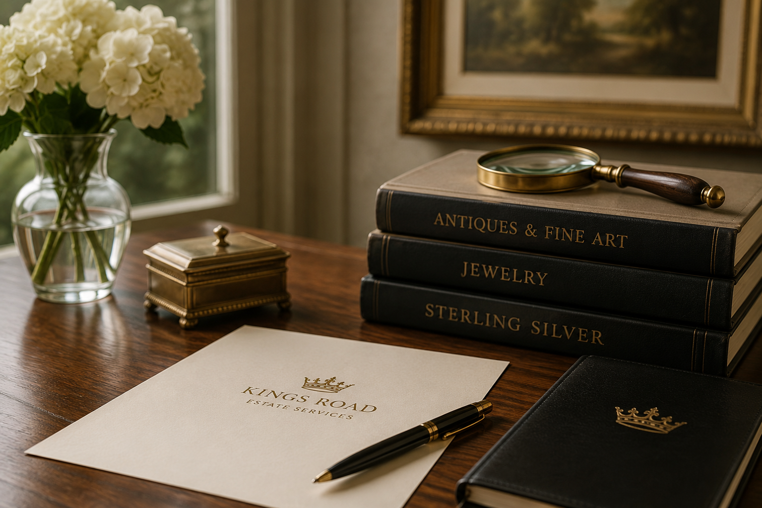 A desk with a glass vase of white hydrangeas, a gold decorative box, three large black hardcover books labeled 'Antiques & Fine Art,' 'Jewelry,' and 'Sterling Silver,' a magnifying glass resting on the top book, a white sheet of paper with 'Kings Road Estate Services' and a gold crown logo, a black and gold pen, and a black notebook with a gold crown logo. There is a window with greenery outside and a framed painting on the wall.