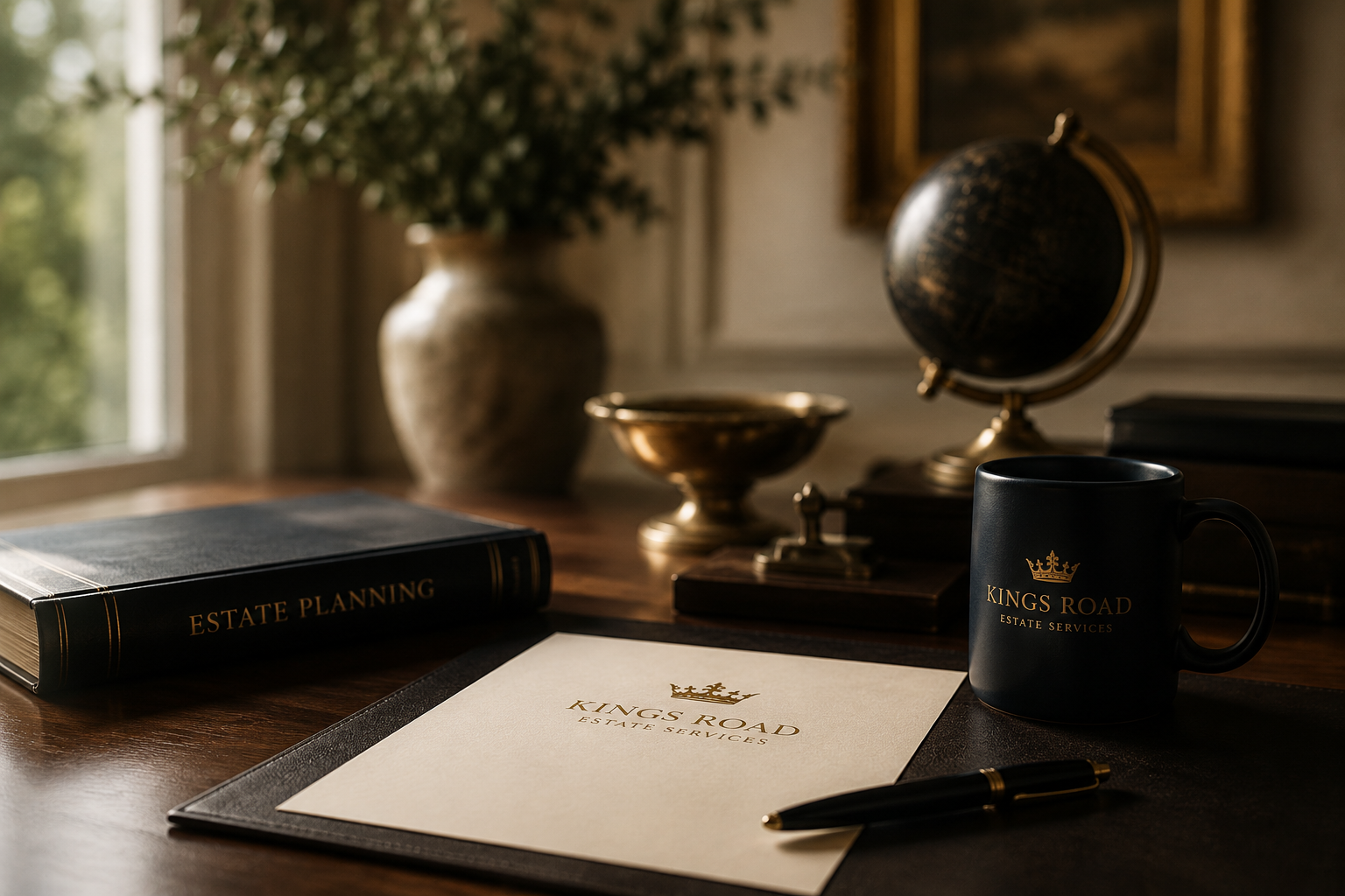 Desk with estate planning books, a Kings Road estate services folder, a black mug with Kings Road logo, a pen, a globe, a decorative bowl, and a vase with green plants, near a window.