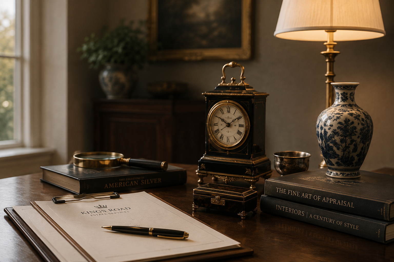 A wooden desk with a magnifying glass, a black book labeled "The Collection of American Silver," a gold pen, and a paper titled "King's Road Realty Services". In the background, there is an ornate clock, a blue and white porcelain vase, a table lamp, and decorative objects.