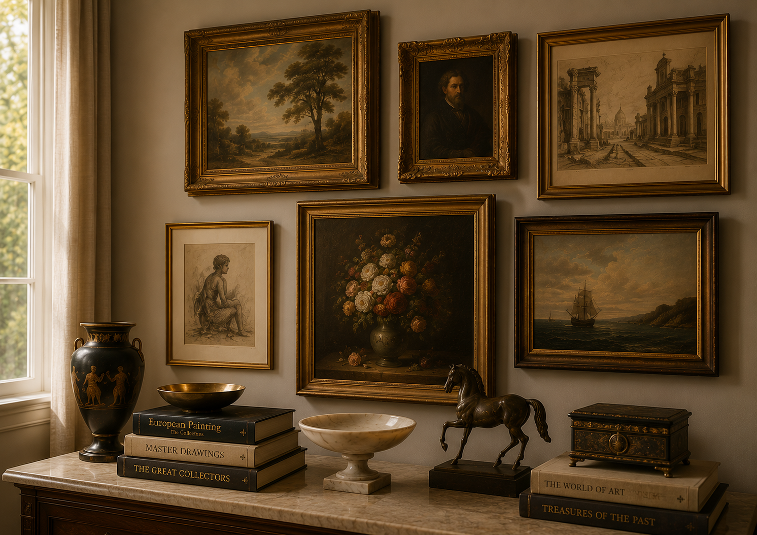 A wall with six framed classic paintings, including landscapes, a portrait, a building scene, and a flower arrangement, displayed above a marble-topped sideboard with decorative vases, books, a sculpture of a horse, and a bowl.