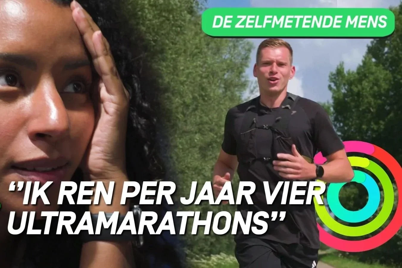 Twee mensen, één vrouw met hand op haar hoofd en één man joggend in een bosrijke omgeving, met tekst en grafieken over het lopen van ultramarathons.
