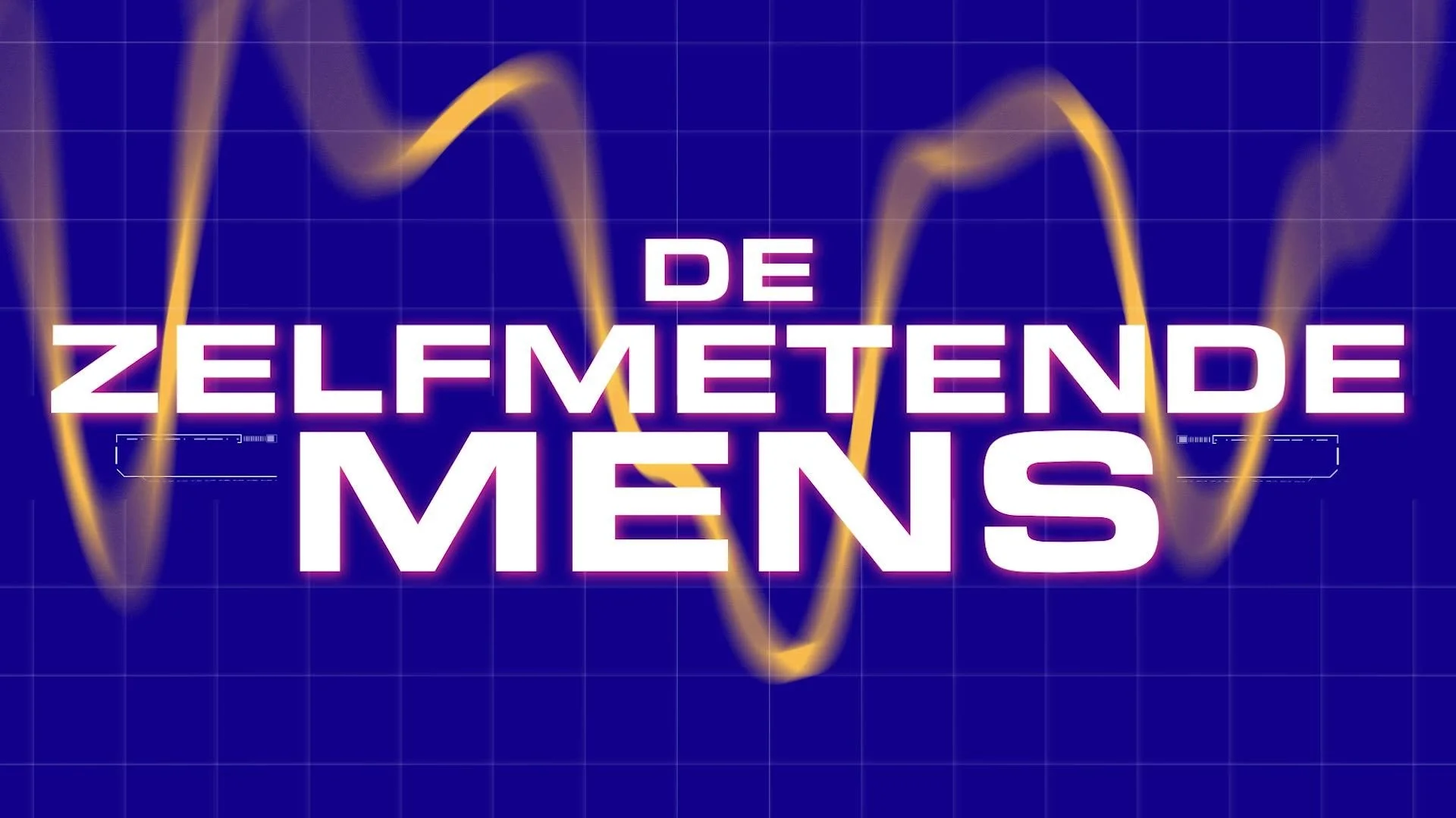 Neon tekst die 'De Zelfmetende Mens' zegt op een blauwe achtergrond met grafieken en lijnen.